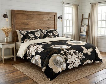 Copripiumino botanico, federa / Set biancheria da letto floreale / Acquerello nero beige, copripiumino singolo, matrimoniale, king size