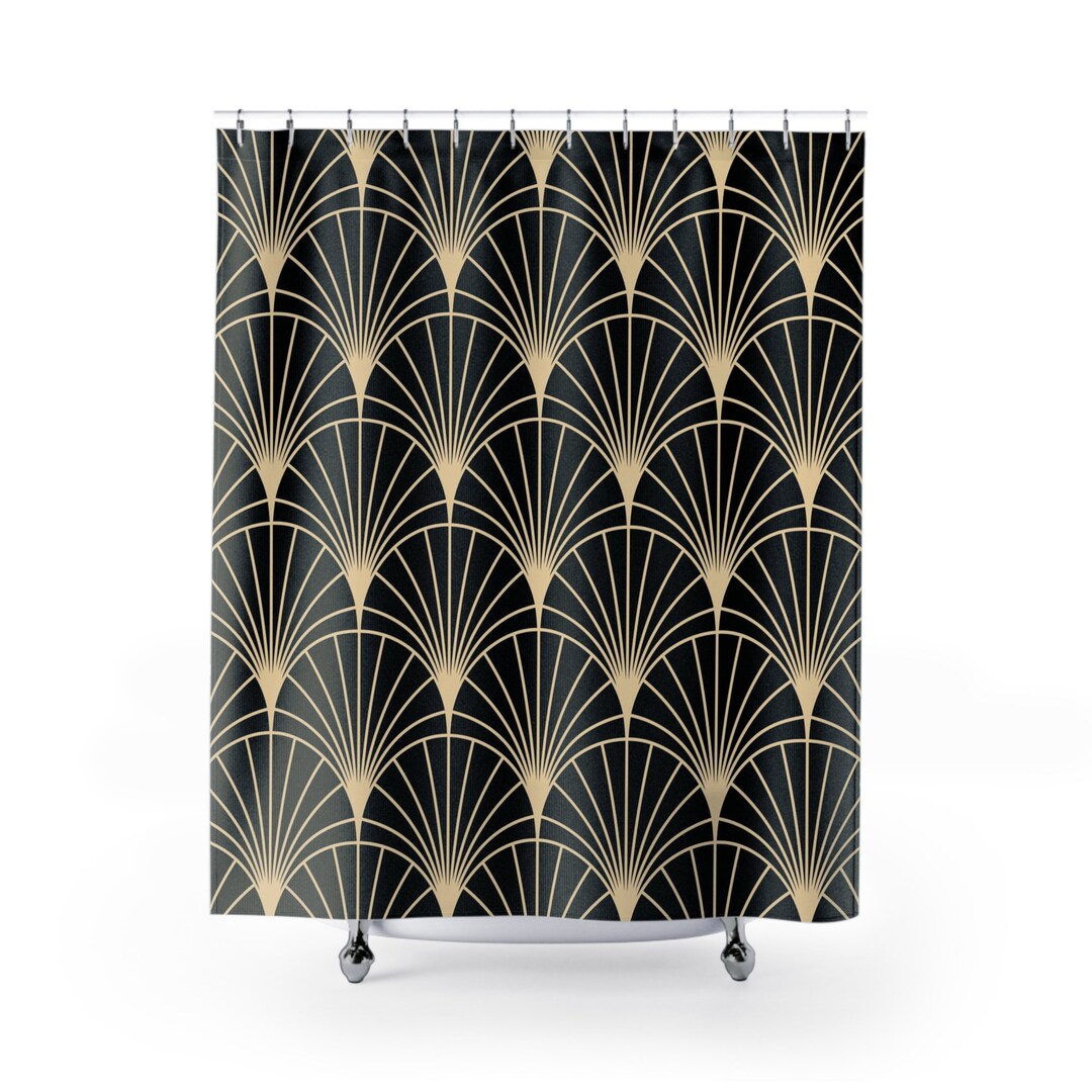 Art Deco Boho Shower Curtain Black Beige Geometric Art Etsy