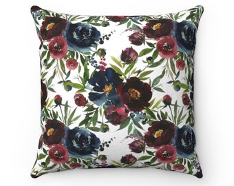 Watercolor Floral Pillow Cover, Navy Blue Wine, Deep Red Botanical, Modern Living Room, Farmhouse Bedroom Decorative Couch Accent Decor