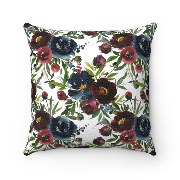 Watercolor Floral Pillow Cover, Navy Blue Wine, Deep Red Botanical, Modern Living Room, Farmhouse Bedroom Decorative Couch Accent Decor