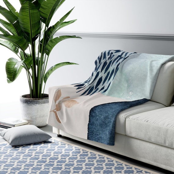 Boho Couch Throw Blankets Beige Teal Navy Blue Leaves Floral