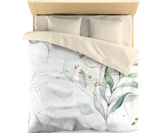 Duvet Cover, Eucalyptus Leaves, Green White Beige , Watercolor Floral, Farmhouse Bedroom Home Decor, Queen Twin