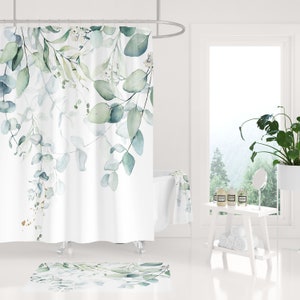 Boho Shower Curtain, Bath Mat, Hand, Bath Towel, Eucalyptus Green White Floral bathroom set, Watercolor Minimalist Botanical Jungle Leaves