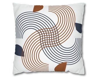 Mid Century Couch Throw Cushion Pillow Cover | Retro Navy Blue, Rust Geometric Cushion Accent Pillow | Bedroom, Square Decorative Pillowcase
