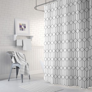 Retro Boho Shower Curtain Set, Bath Mat, Hand, Bath Towel | Art Deco, Geometric Black White, Mid Century Minimalist Bathroom Decor