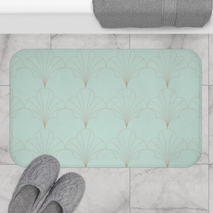 Vintage Art Deco Bath Mat, Kitchen Mat |  Vintage Art Nouveau Geometric, Fan Shells Retro, Green Beige Soft floor Mat  | Retro Bathroom Rug