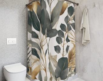 Fabric Boho Shower Curtain | White Grey, Muted Gold Beige, Ivory Tropical Eucalyptus Palm Leaves Bath Curtain | Plant Bathroom Curtain