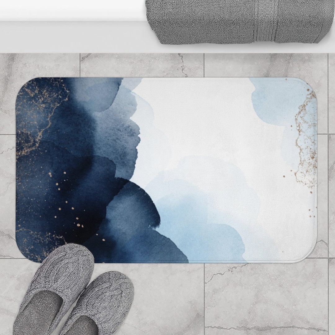 Abstract Boho Bath Mats and Rugs, Navy Sky Blue, White Ombre Clouds