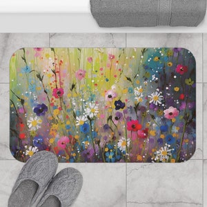 Boho Bath Mat, Kitchen Mat | Floral, Wildflowers, Colorful Watercolor, Pink Green, Blue Red | Shabby Core, Farmhouse, Botanical Bathroom Rug