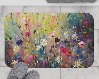 Boho Bath Mat, Kitchen Mat | Floral, Wildflowers, Colorful Watercolor, Pink Green, Blue Red | Shabby Core, Farmhouse, Botanical Bathroom Rug