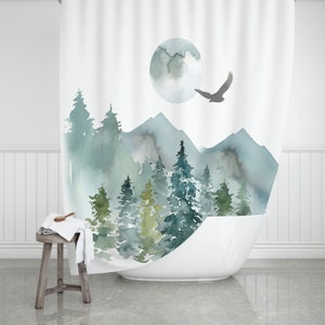 Fabric Shower Curtain, Forest Abstract Art, Greenery Landscape, Moon Eagle Watercolor Bathroom Decor, Modern Art Home Decor