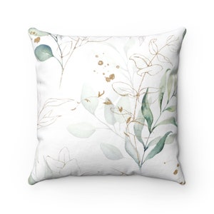 Eucalyptus Pillow Cover, Floral Mint Green, White and Beige, Botanical Garden Leaves Decorative Pillowcase, Square pillow cover 20x20, 18x18