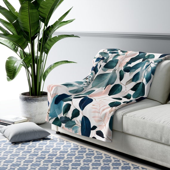 Boho Couch Throw Blankets Floral Navy Teal Blue Blush Pink White Leaves Minimalist Living Room Bedroom Accent Throw Blankets Etsy