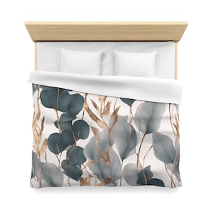 Dekbedovertrek met bloemen, marineblauw boho-beddengoed | Grijs groenblauw, wit, gedempt goud tropisch | Standaard slaapkamer met kingsize bed en queensize bed