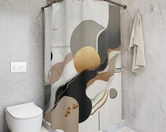 Fabric Boho Shower Curtain | Geometric Abstract, White, Taupe Beige, Grey, Muted Gold | Contemporary Modern Organic Decor, Bathroom Curtain