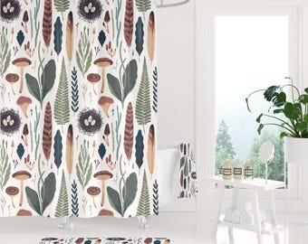boho shower curtain and bath mat set, abstract floral bathroom set, forest green mushrooms nests, fall nature feathers watercolor bath decor
