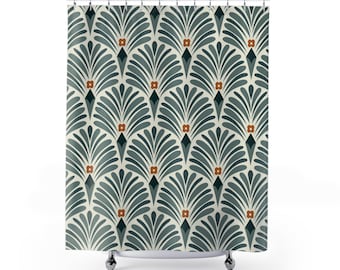 Art Deco, Vintage Boho Shower Curtain | Grey, Forest Green, Rust Floral Art Nouveau | Minimalist Modern Bathroom, Apartment Home Decor