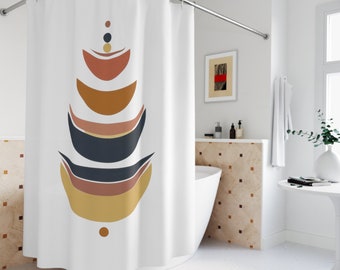 Fabric Boho Floral Shower Curtain | White, Bohemian, Moon Phases, Rust Navy blue Terracotta | Mystic Southwestern, Magic Bathroom Curtain