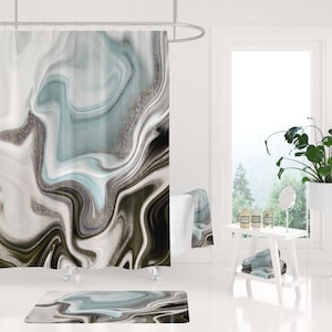 Abstract Art Shower Curtain bath mat, Pale Blue, Gray Bath and Hand Towels, Luxury Elegant Bathroom Set, Stylish Modern Boho Bathroom Decor