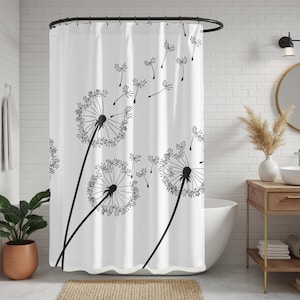 Boho Floral Shower Curtain | Black White Fabric Shower Curtain, Dandelion Abstract Floral | Retro Minimalist Mid Century Shower Curtain