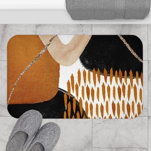 Boho Bath Mat, Burnt Orange Copper Black Beige Abstract Mid-Century, Simple Minimalist, Stylish Elegant, Apartment Trendy  Bathroom Rug
