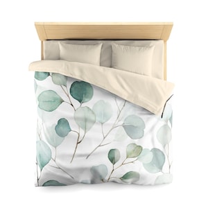 Boho dekbedovertrek, eucalyptusbladeren, groen wit, aquarel bloemen, boerderij slaapkamer woondecoratie, koningin twin beddengoed dekbedovertrek set