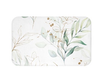 Eucalyptus Bath Mat and Rug, Farmhouse Bathroom Decor, Lake House, Floral Botanical, Green beige, Home decor, watercolor, housewarming gift