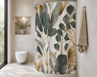 Cortina de ducha de tela estilo bohemio / Cortina de baño con estampado de hojas de palma de eucalipto tropical en blanco, gris, dorado apagado y marfil / Cortina de baño con estampado de plantas