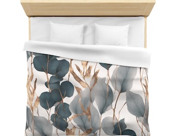 Floral Duvet Cover, Navy Blue Boho Bedding | Grey Teal Blue, White, Muted Gold Tropical | King, Queen Standard Duvet Bedroom