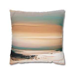 Retro Couch Throw Pillow Cover | Abstract Honey Beige, Teal Sage Green Ombre Landscape | Accent Cushion Polyester, Faux Suede Pillowcase