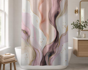 Abstract Fabric Shower Curtain | Blush Mauve Pink, Off White Muted Gold Beige Waves, Colorful Watercolor Shower Curtain