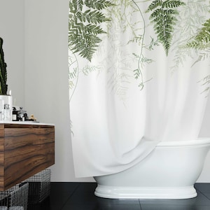 Boho Shower Curtain, Floral White Forest Sage Green Vine Hanging Leaves Watercolor, Minimalist, Stylish Elegant, Water Resistant Curtain