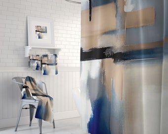 Retro Boho Shower Curtain Set, Bath Mat, Hand, Bath Towel | Rustic Paint Navy Blue, Beige Grey, White Watercolor | Minimalist Bathroom Decor