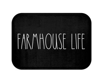 Rae Dunn Inspired bath mat,  Farmhouse Life Black bathroom rug for farmhouse home decor