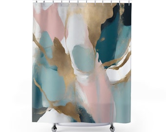 Fabric Boho Shower Curtain | Abstract Teal Blue, Blush Pink, Gold | Modern Mid Century | Minimalist Bathroom Curtain, Home Apartment Decor