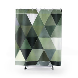 Abstract Geometric Boho Fabric Shower Curtain, Green Geometric Triangles, Modern Watercolor, Minimalist Bathroom Decor