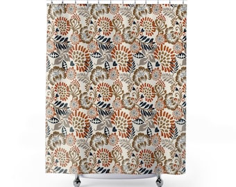 Cortina de ducha estilo bohemio; naranja quemado, azul marino, ikat beige, estampado floral folclórico / Decoración para el baño y el hogar