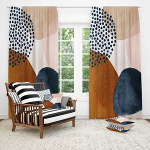 Abstract Art Window Curtains, Navy Rust Beige Blush Pink Watercolor Bedroom Living Room, Kitchen 50x84” Single Double Panels Treatments