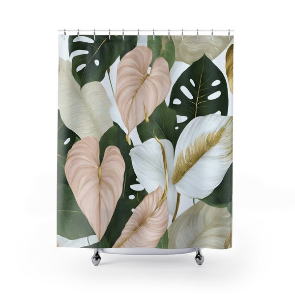 Fabric Boho Shower Curtain | Boheme Jungle Anthurium, Monstera Leaves, Green Muted Gold Beige | Bathroom Curtain, Home Apartment Decor