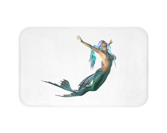 Aqua Mermaid Bath, Kitchen Mat | Cute Bath Mat for Girls Room | White Bath Rug, Green Soft Mat, Bathroom Decor