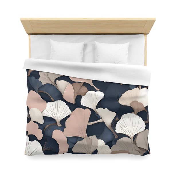 Boho Duvet Cover, Gingko Floral Bedding Set, Navy Blue, Taupe, White, Blush Pink, Farmhouse, Cottage Core, King, Queen, Twin Bedroom Decor