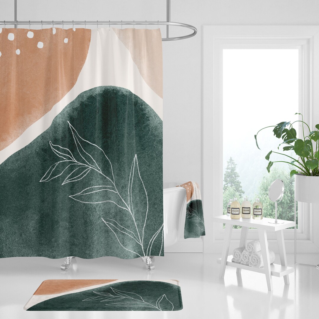 Boho Shower Curtain, Abstract Forest Emerald Green, Blush Beige White ...