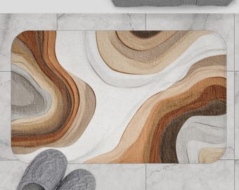 Abstract Bath, Kitchen Mat | White Brown Beige, Earthy Strata, Watercolor | Modern Artsy Home Decor, Bathroom Rug