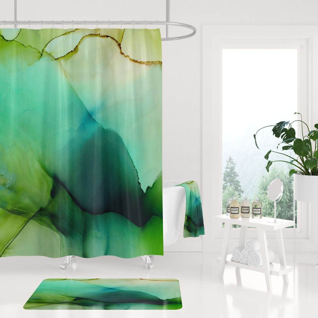 Abstract Art Shower Curtain and Bath Mat, Green and Turquoise Bathroom ...