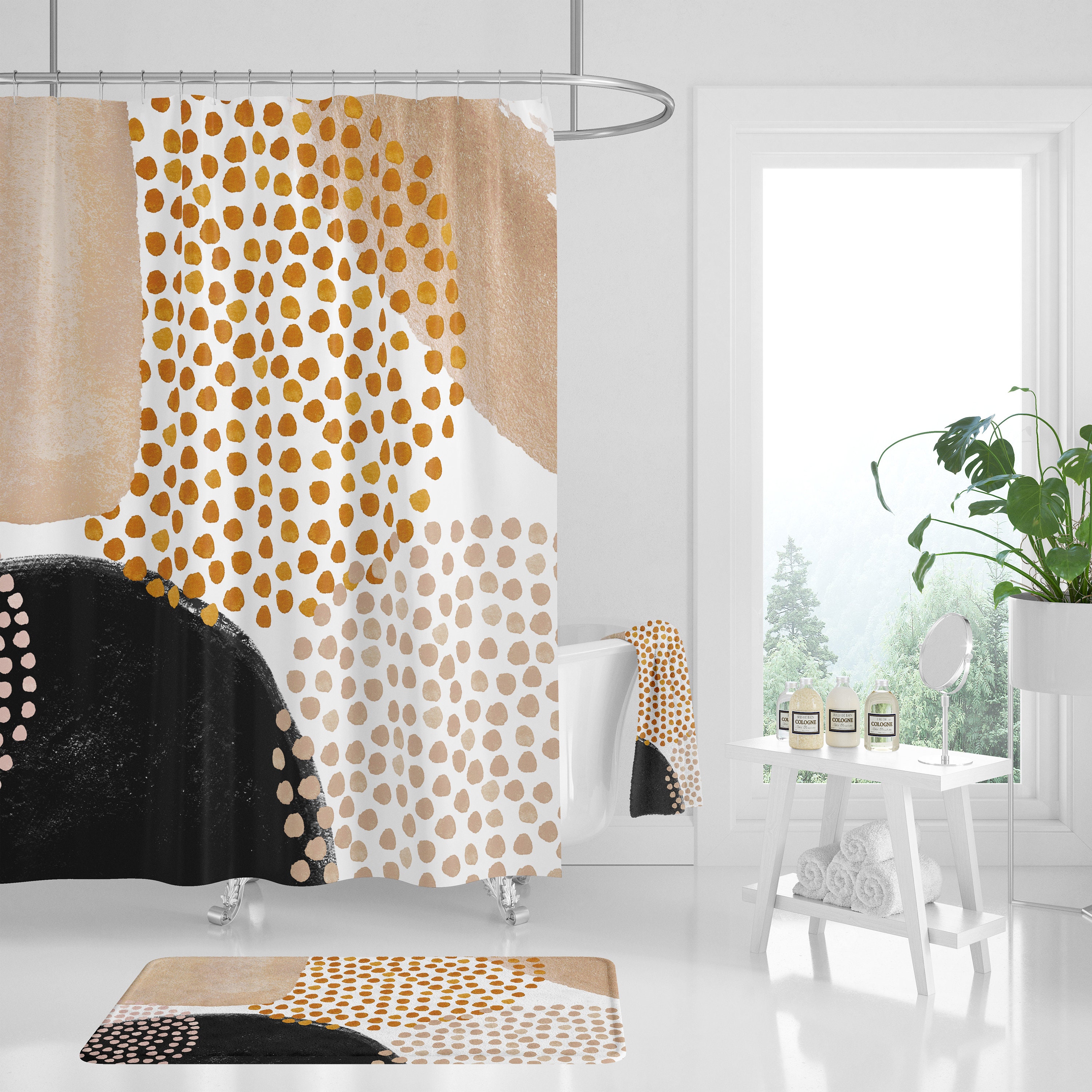 Boho Shower Curtain Bath Mat Towel Abstract Beige Black - België