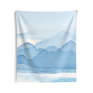 Boho Wall Hanging, Large Tapestry, Abstract Wall Decor, Sky Blue, Hills Mountains, Landscape Nature,Watercolor, Simple Minimalist, Ombre Art