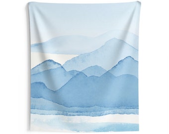 Boho Wall Hanging, Large Tapestry, Abstract Wall Decor, Sky Blue, Hills Mountains, Landscape Nature,Watercolor, Simple Minimalist, Ombre Art