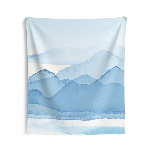 Boho Wall Hanging, Large Tapestry, Abstract Wall Decor, Sky Blue, Hills Mountains, Landscape Nature,Watercolor, Simple Minimalist, Ombre Art