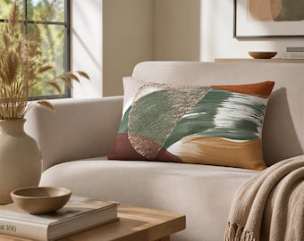 Abstract Brush Strokes Lumbar Pillow Cover: Rust, Green, Beige