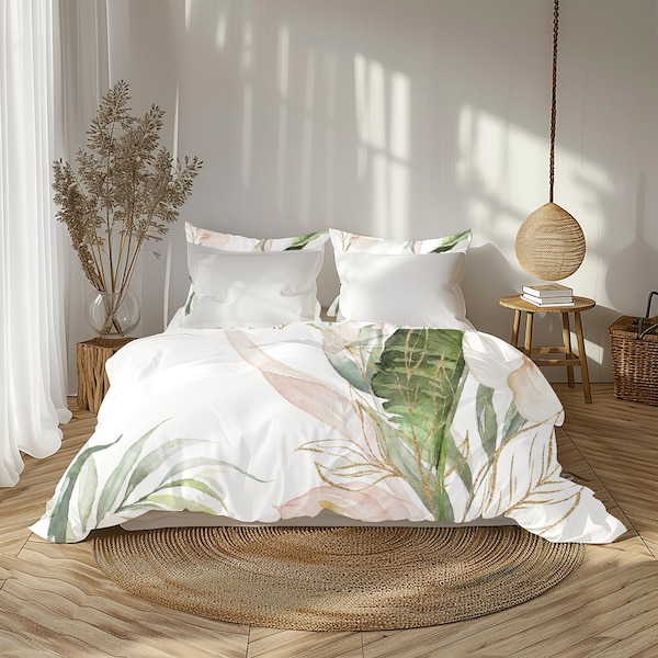 Blush Anthurium Duvet Cover: Tropical Floral Watercolor Bedding